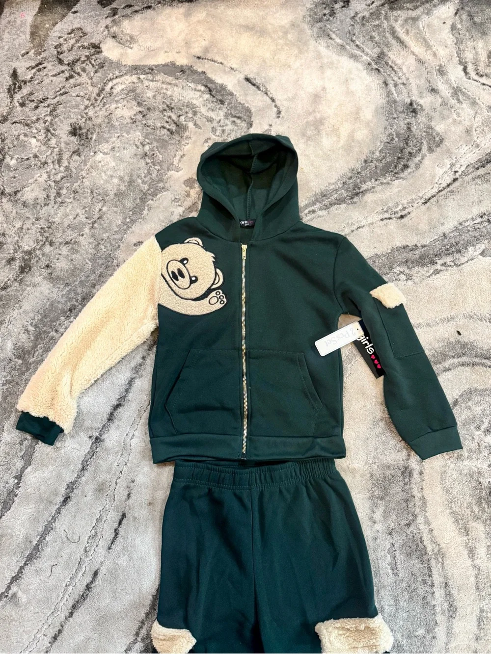 Kids Forest Green Sherpa-Trim Hoodie & Jogger Set